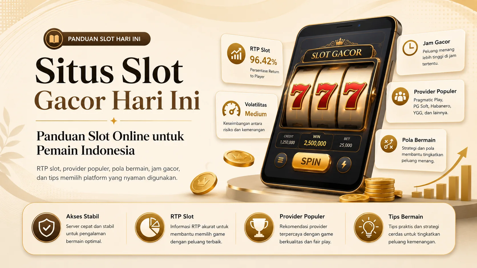 Ilustrasi situs slot gacor hari ini dengan panduan RTP slot, provider populer, pola bermain, jam gacor, dan tips memilih platform slot online